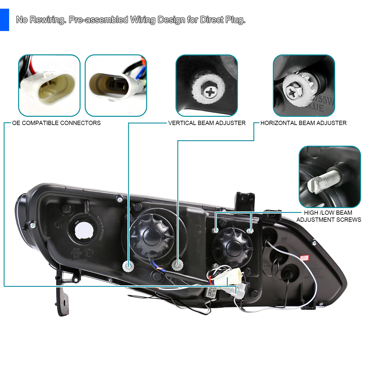 Pair Black Headlights For 2006-2011 Honda Civic Sedan – Halogen, DOT Certified