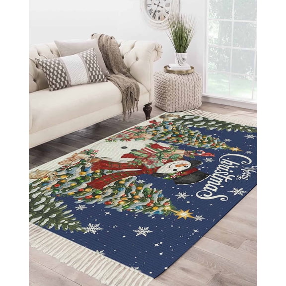 Navy Blue Snowman Christmas Area Rug 3x5 Living Rug with Tassel Woven Cotton Entryway Rugs Washable Bedroom Rugs Aesthetic Nursery Carpet Gifts Xmas Tree Snowflake Winter Floor Mat for Laundry Room