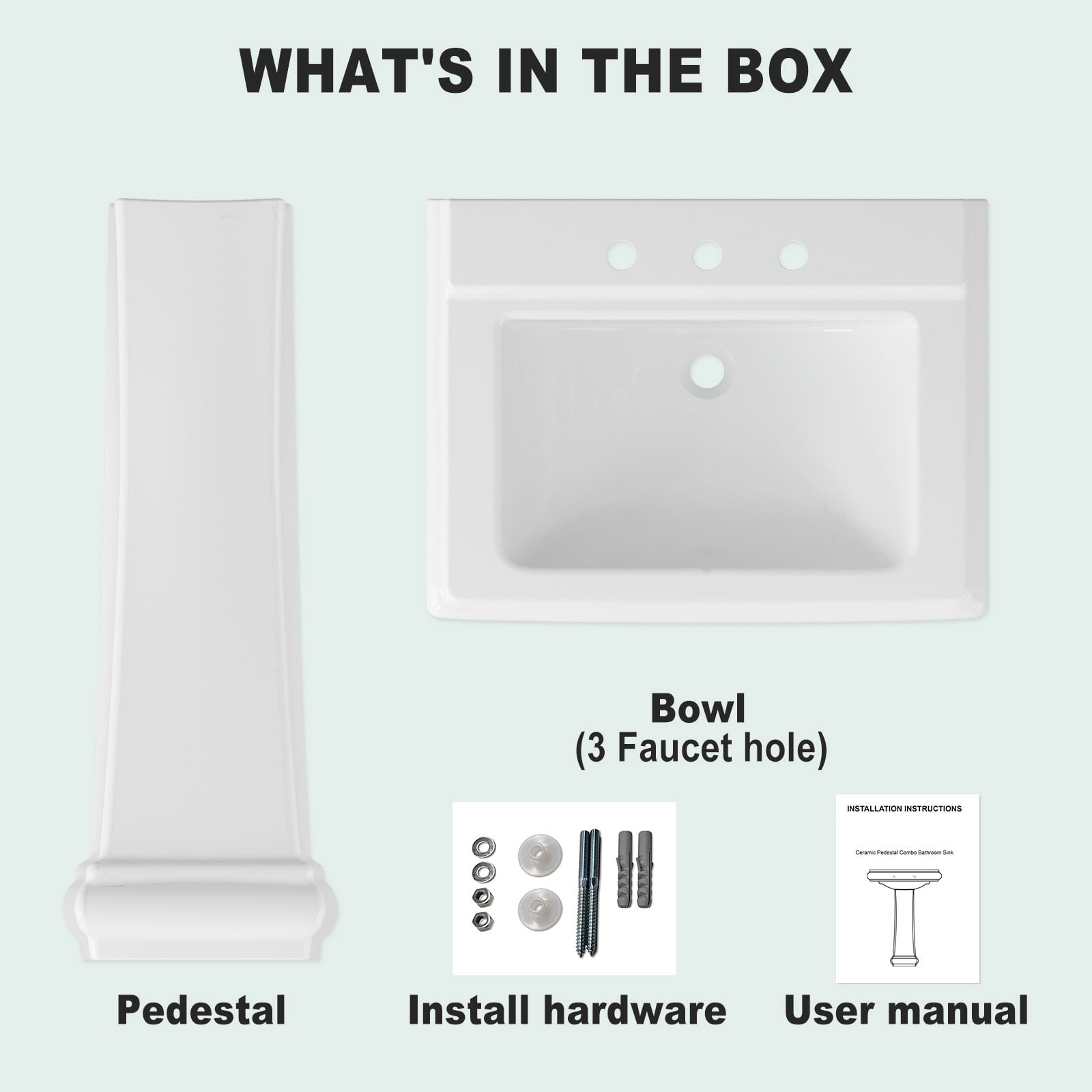 26"L X 21"W Rectangular Pedestal Sink, White Ceramic Pedestal Bathroom Sink with 3 Faucet Holes At 4" Faucet Centers, with Overflow