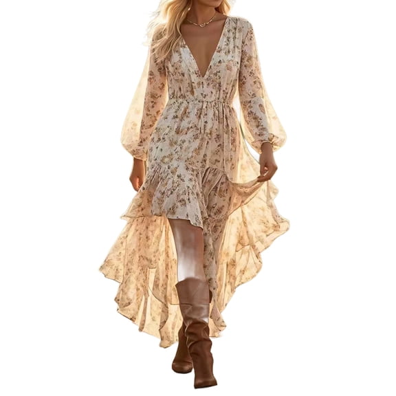 Women's Boho Floral High Low Maxi Dress V-Neck Long Sleeve Flowy Long Dress Wedding Guest Dress