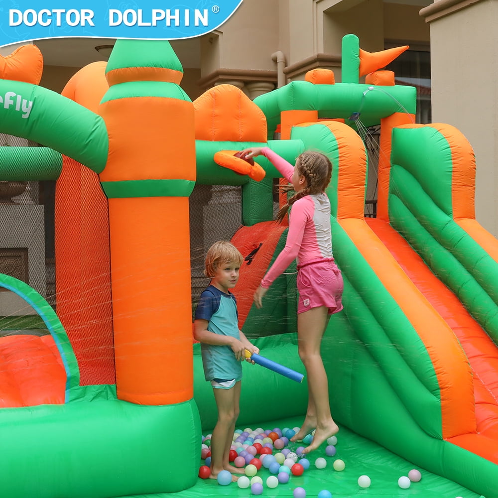 Doctor Dolphin Water Slide Inflatable Bounce House Kid Toddler Bouncer with Blower Large Water Park Waterslide for Wet and Dry