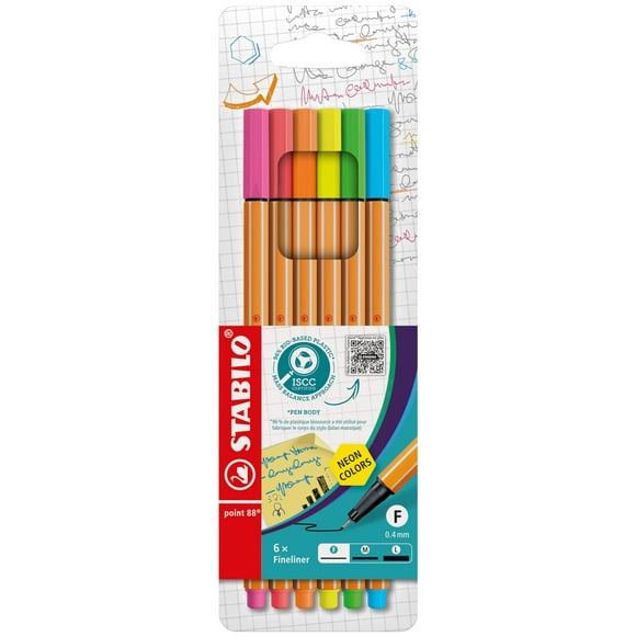 STABILO Fineliner Point 88, paquete de 6 unidades, neón, 0,4 mm