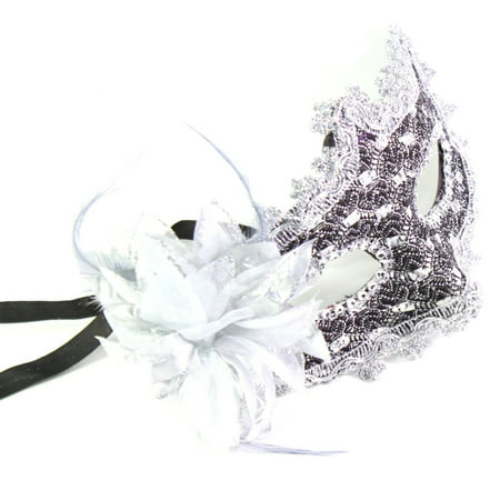 Silver White Flower Feather Lace Eye Mask Masquerade Ball Party Halloween