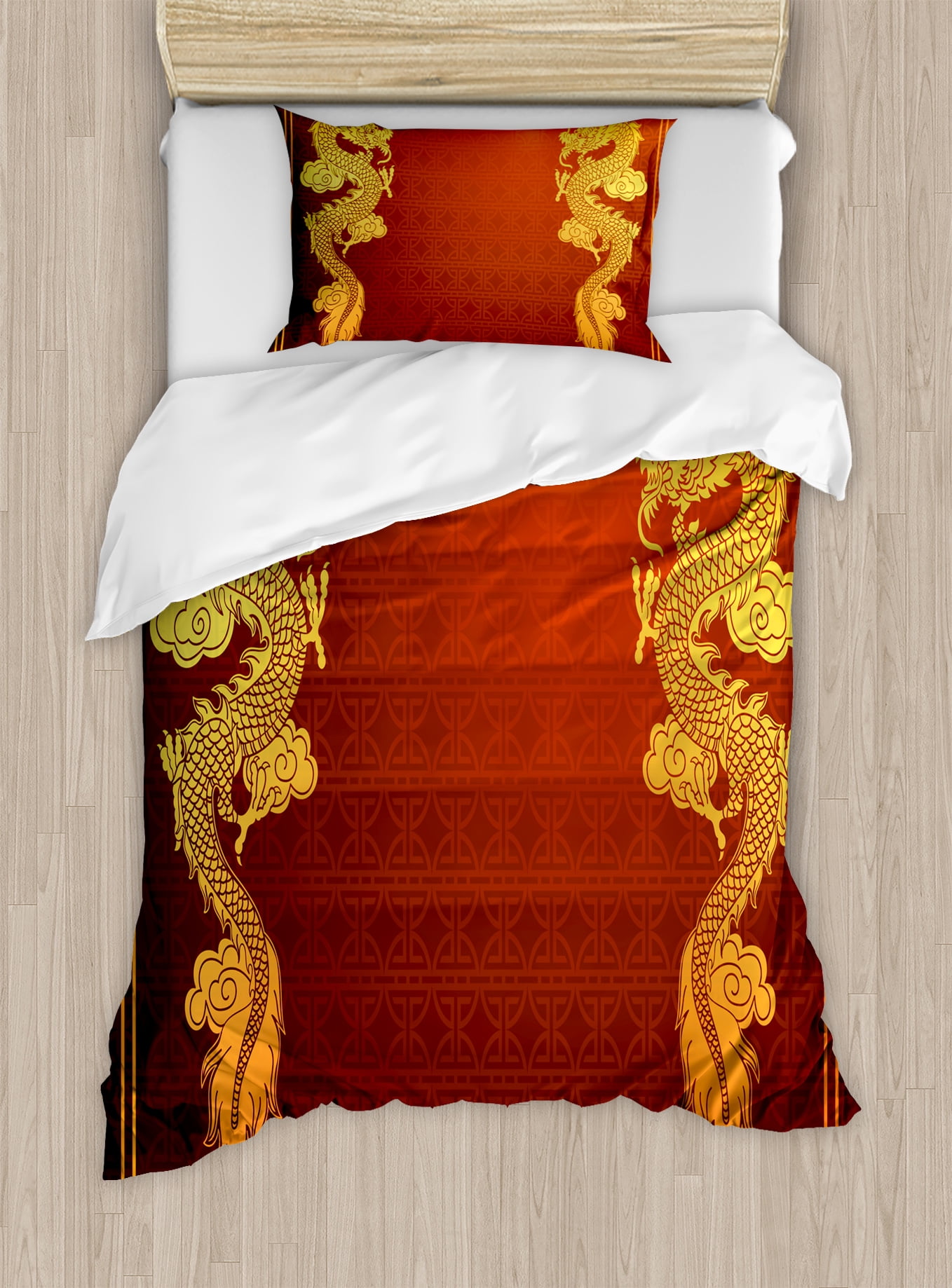 Twin Red and Gold Dragon Duvet Cover Set