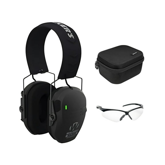Walker's Razor Rechargeable Muff (Black) Bundle with Shooting Glasses and Hard Case (3 Items)