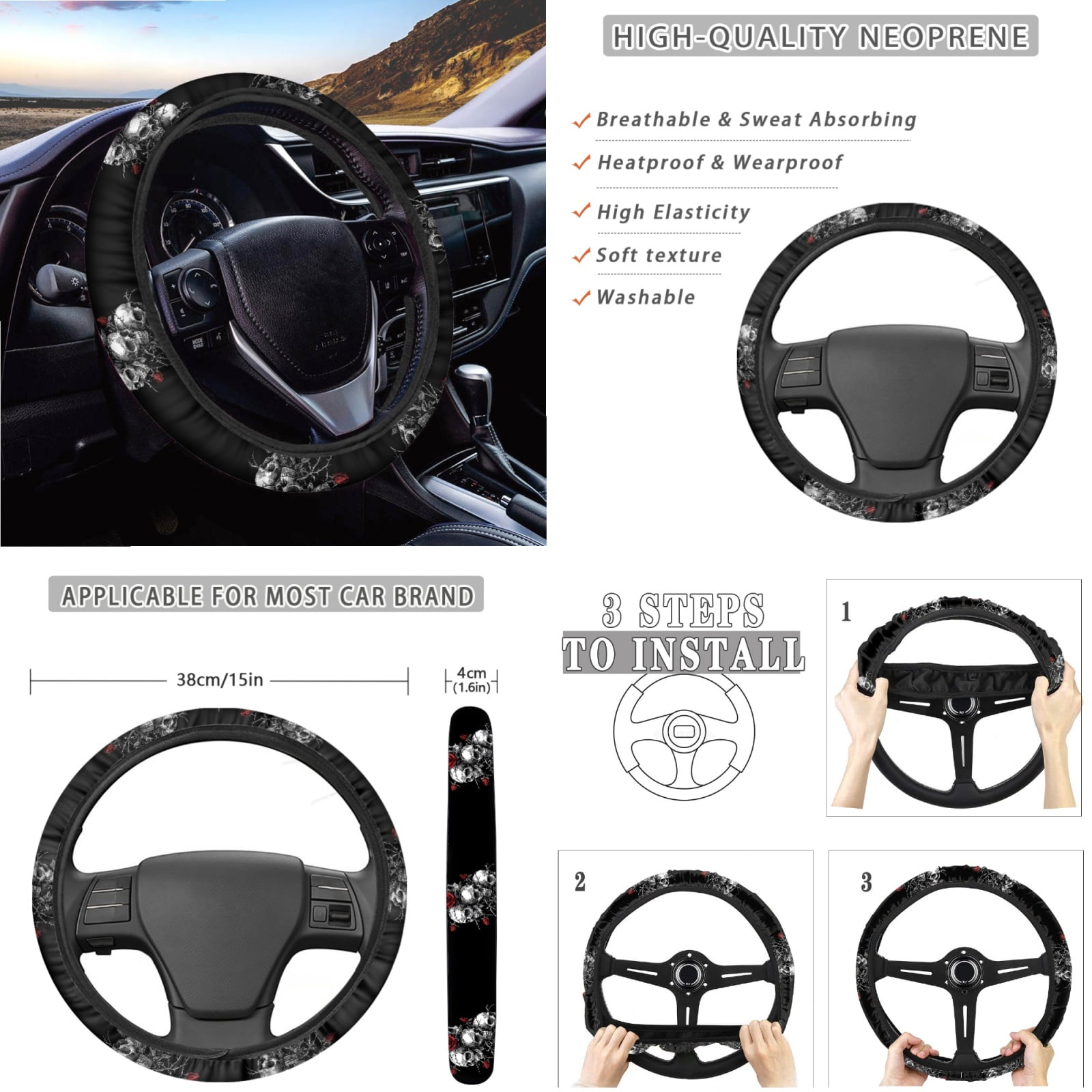 Jeiento Skull Car Seat Covers Set with Steering Wheel Cover Seat Belt Pads Garbage Bag Rose Armrest Cover Handbrake Cover Set Rear View Mirror Protector Coasters Auto Accessory Fit for SUV Van Truck