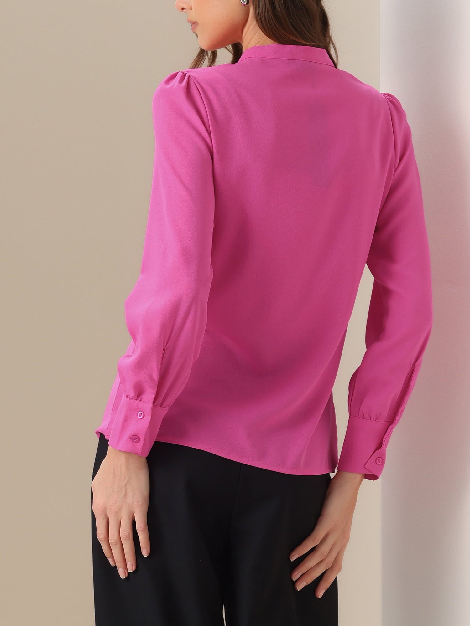 DARING DIVA Women's Bow Tie Neck Tops Long Sleeve Business Work Blouse L Hot Pink