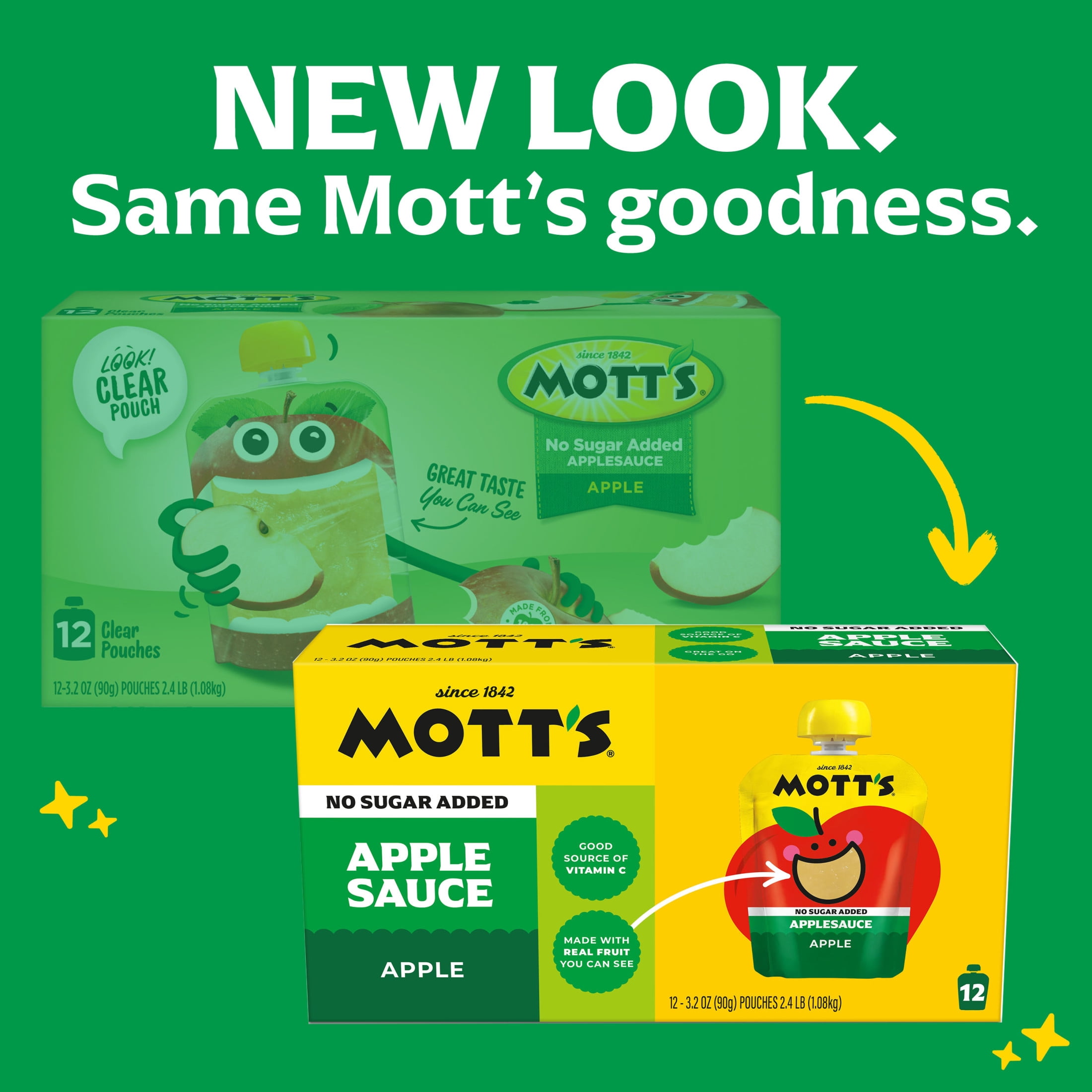 (4 pack) Mott's No Sugar Added Applesauce, 3.2 oz, 12 Count Clear Pouches