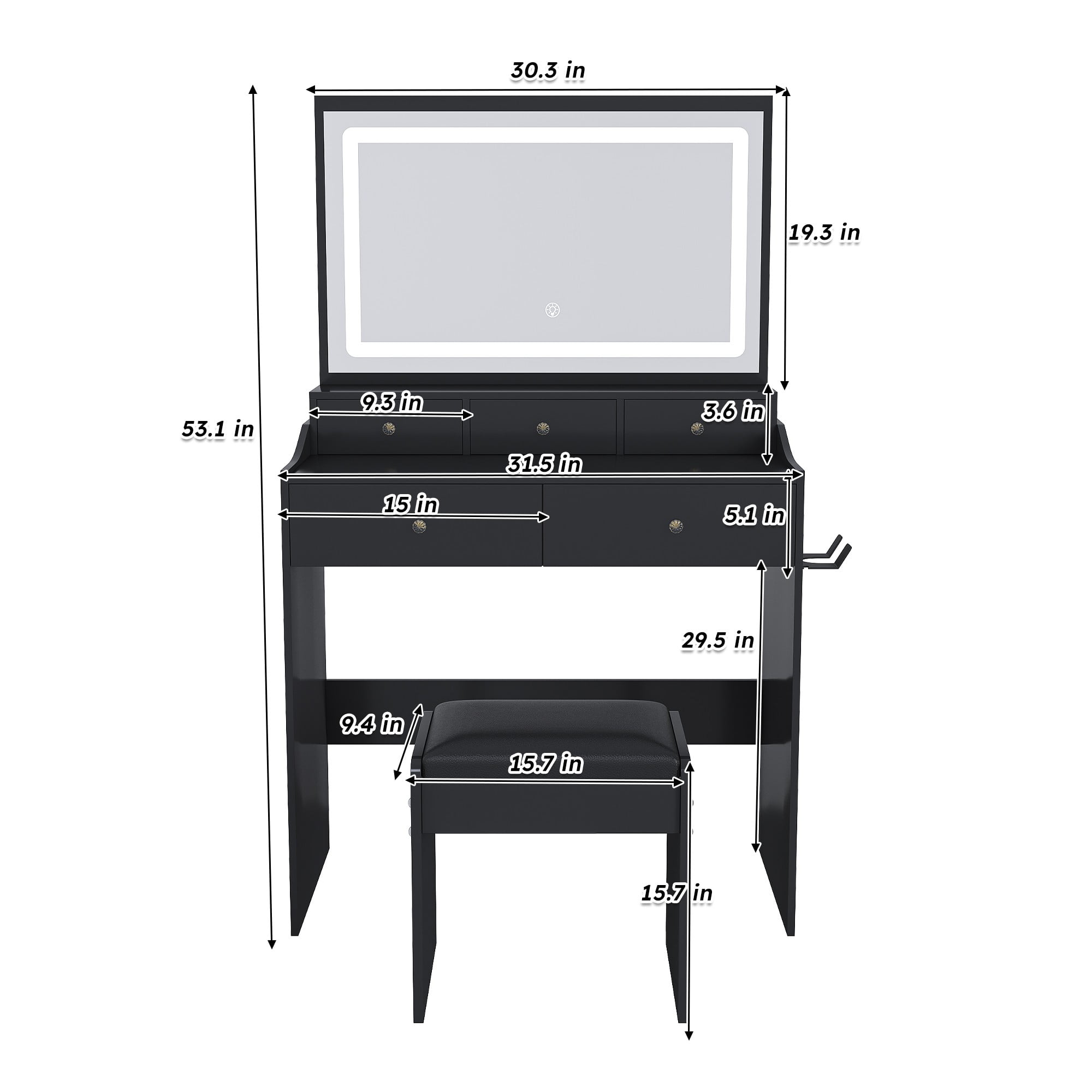 Jopath Large Makeup Vanity Set,Modern Mirror Vanity Desk with 5 Drawers,3 Lighting Color Adjustable Dressing Table for Bedroom,Black