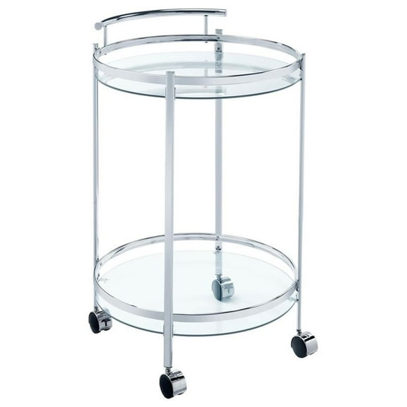 Maklaine 2-tier Contemporary Round Glass Bar Cart in Chrome and Clear