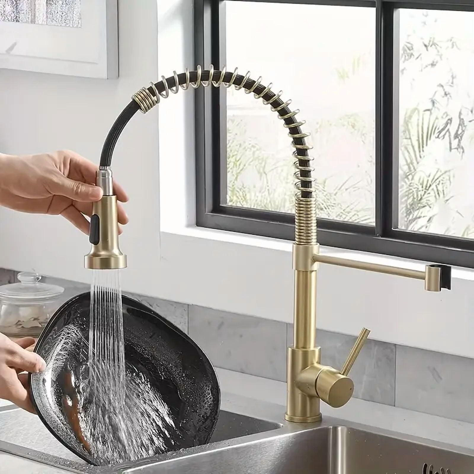 Brushed Gold Kitchen Faucet with Pull Down Sprayer Single Handle Spring Faucet
