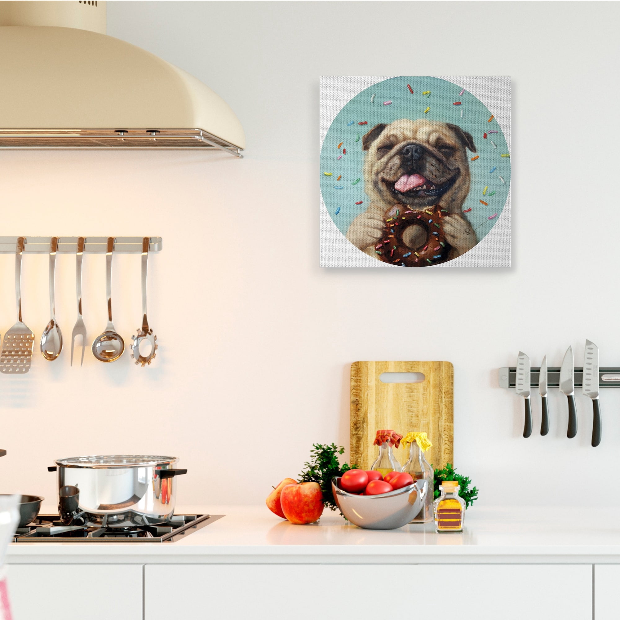 Stupell Industries Happy Pug With Sprinkle Donut Pet Dog,24 x 24,Designed by Lucia Heffernan