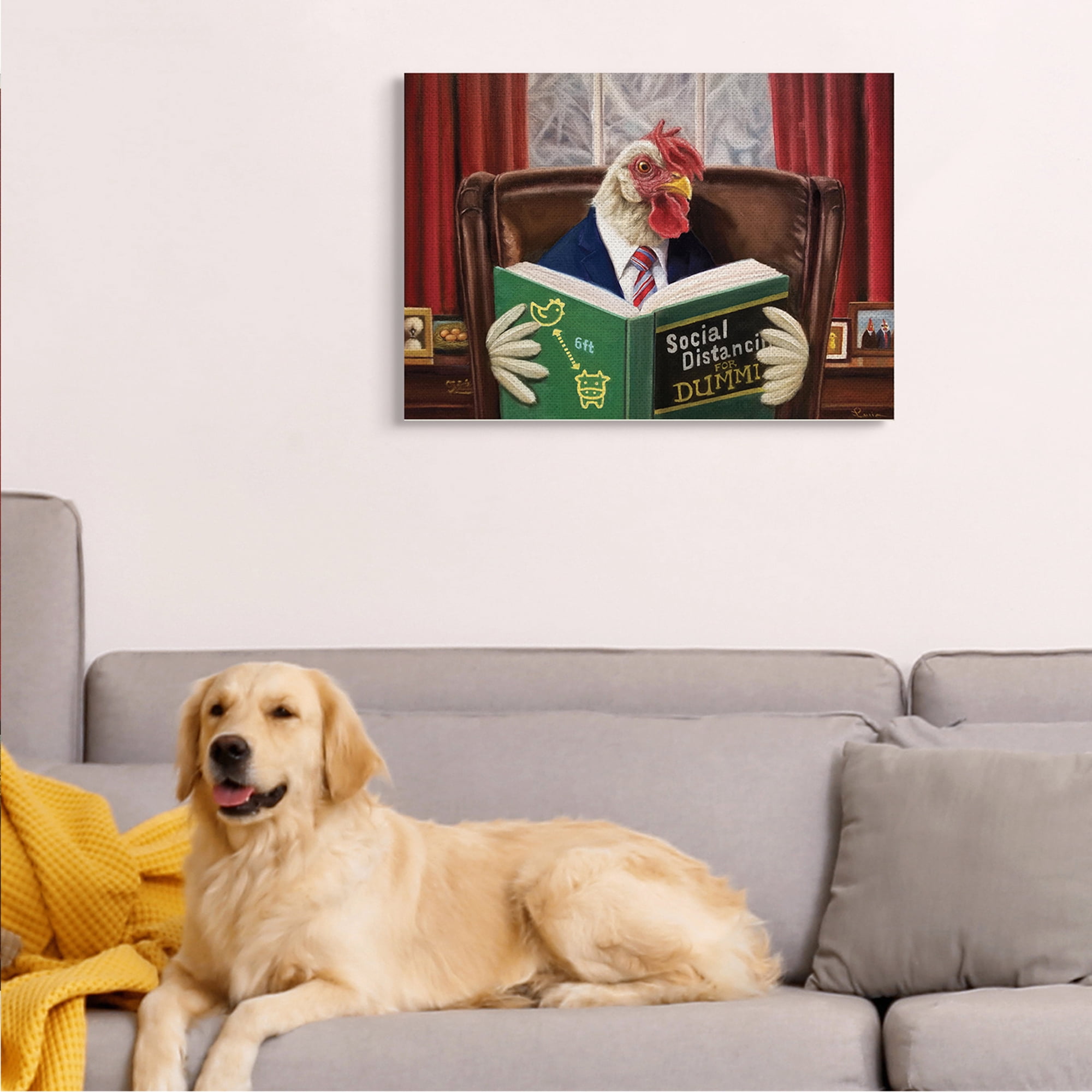 Stupell Industries Rooster Reading at Desk Social Distance Dummies Animals & Insects Painting Gallery Wrapped Canvas Art Print Wall Art, 24 x 30