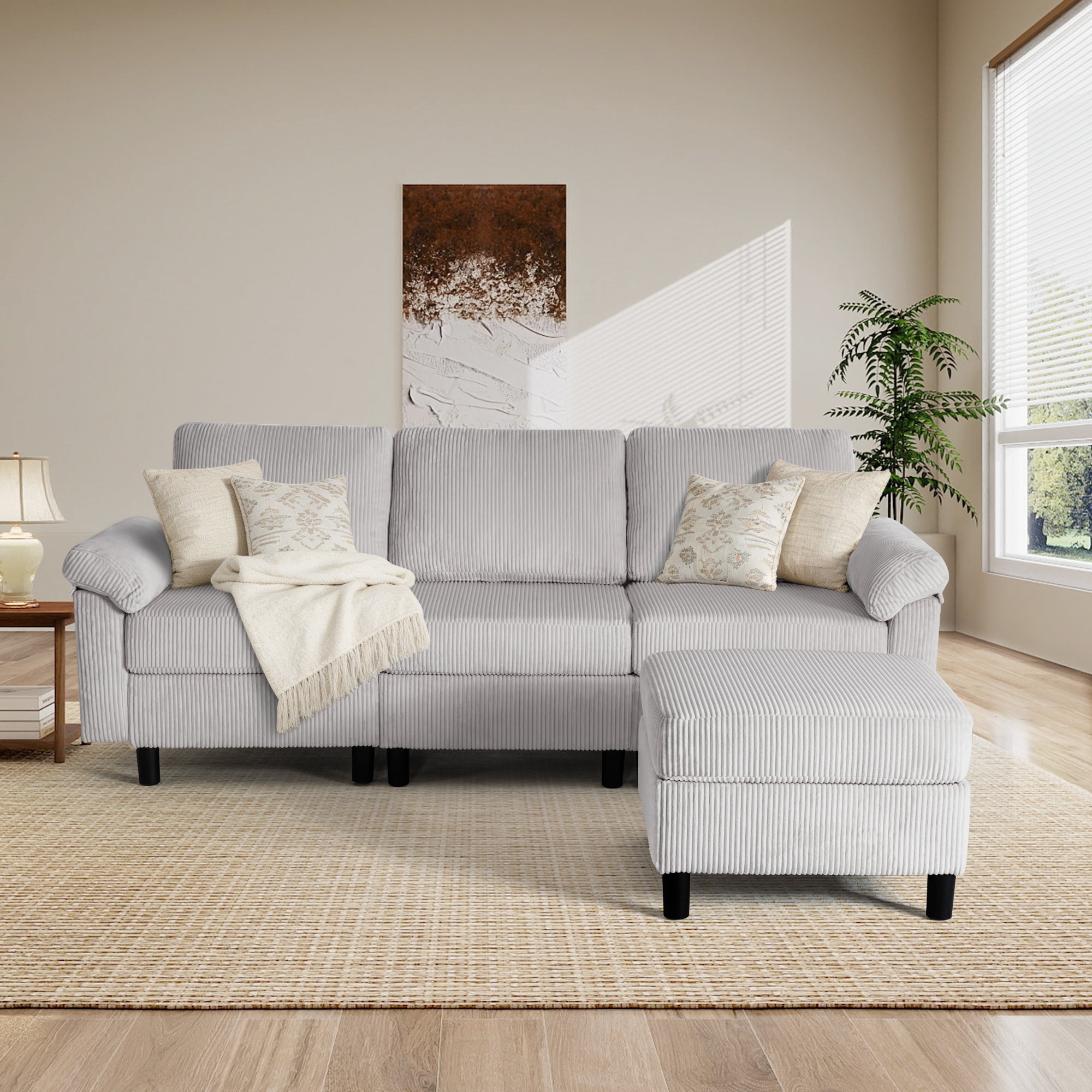 AUNEKIV Modular Sectional Sofa with Movable Ottoman, L-Shape 3-seat Storage Couch for Living Room, Lightgrey