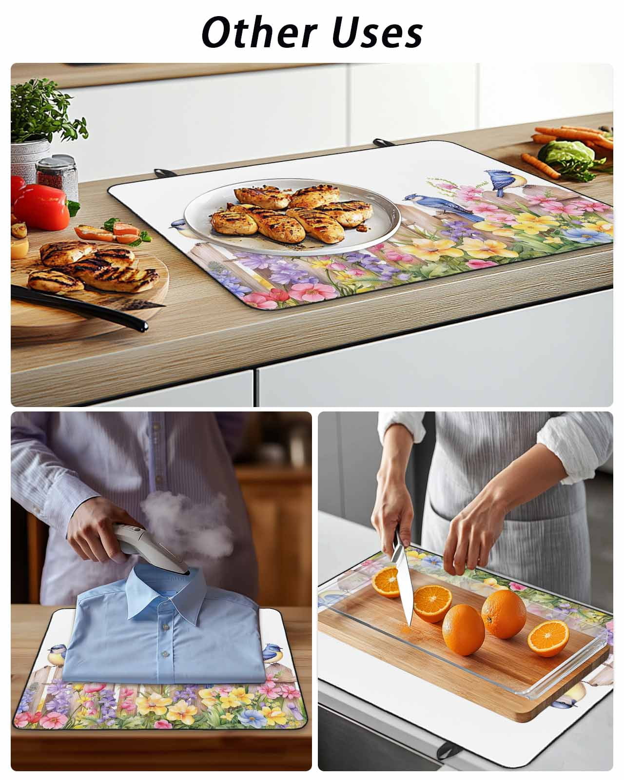 Stove Top Covers for Electric Stove, Spring Floral Glass Stovetop Cover Protector, Summer Birds Botanical Fence Induction Cooktop Protector Oven Mat for Kitchen Countertop 24"x21"