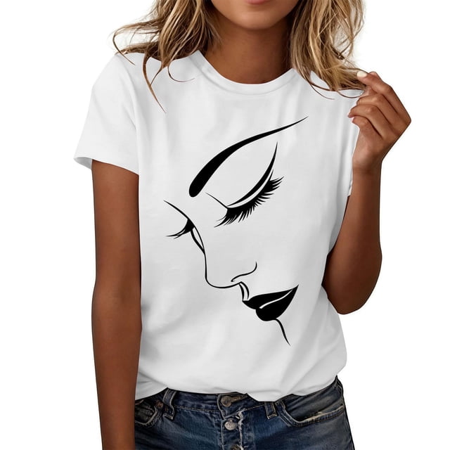 YFNNUP T-Shirt à Manches Courtes pour Femme Grande Taille, Imprimé Graphique, T-Shirts Décontractés à Col Rond, T-Shirts d'Été Coupe Ample, Hauts de Vacances, Blanc TTTTG