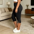 thumbnail image 6 of BVnarty women capri slim fit leggings high rise stretch waist side button split hem solid print tight cropped pant caf茅 daily wear Black XXXL, 6 of 8