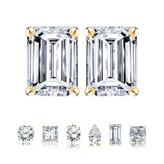 JeenMata Pendientes Minimalistas con Solitario de Moissanita de Talla Esmeralda de 2 Quilates Bañados en Oro Amarillo de 18 K sobre Plata