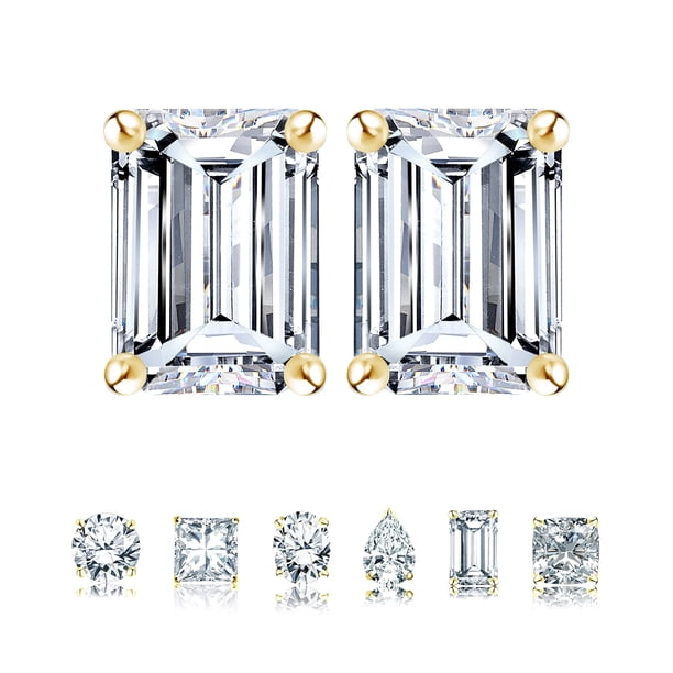 JeenMata Pendientes Minimalistas con Solitario de Moissanita de Talla Esmeralda de 2 Quilates Bañados en Oro Amarillo de 18 K sobre Plata
