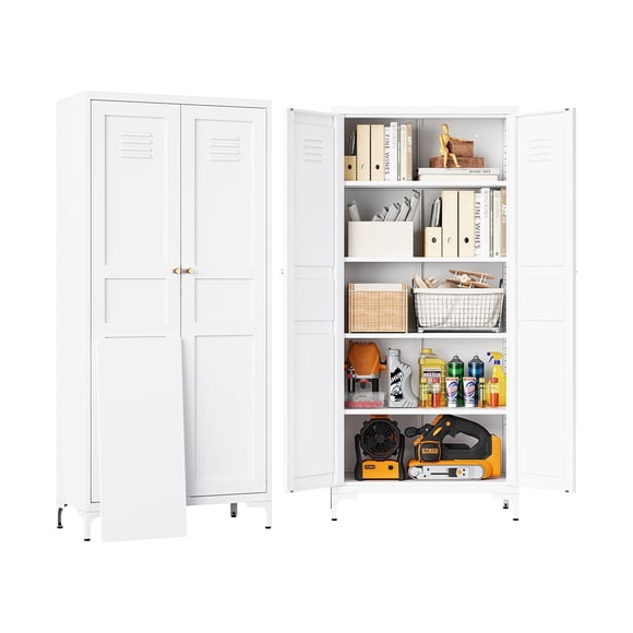 STANI Freestanding Storage Cabinet with 4 Adjustable Shelves and Legs, Metal/Alloy Steel, for Cupboard/Dining Room/Bathroom/Living Room/Office/Laundry Room (White, 61"H)