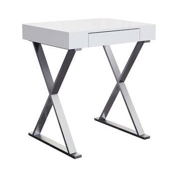 Desk Small, High Gloss White, One Drawer, Stainless Steel Base