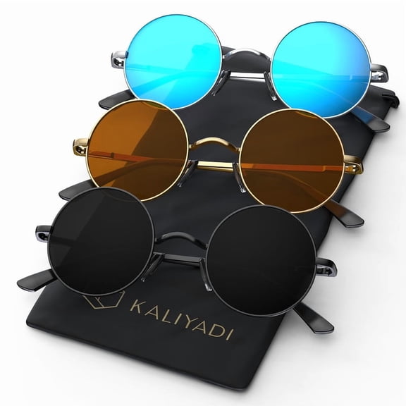 KALIYADI Polarized Round Sunglasses for Men Women Retro Metal Hippie Circle Style Sun Glasses UV400 Protection 3pack