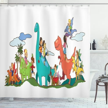 Velociraptor Shower Curtain, Children Playing with Dinosaurs Imagination Creative Kids Rhino Jurassic Fun, Fabric Bathroom Set with Hooks, 69W X 70L Inches, Multicolor, by Ambesonne