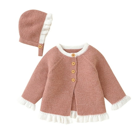 

Baby Girls Knit Cardigan Sweater Warm Pullover Tops Solid Ruffled Outerwear Jacket Coat With Hat Caps Outfits Clothes