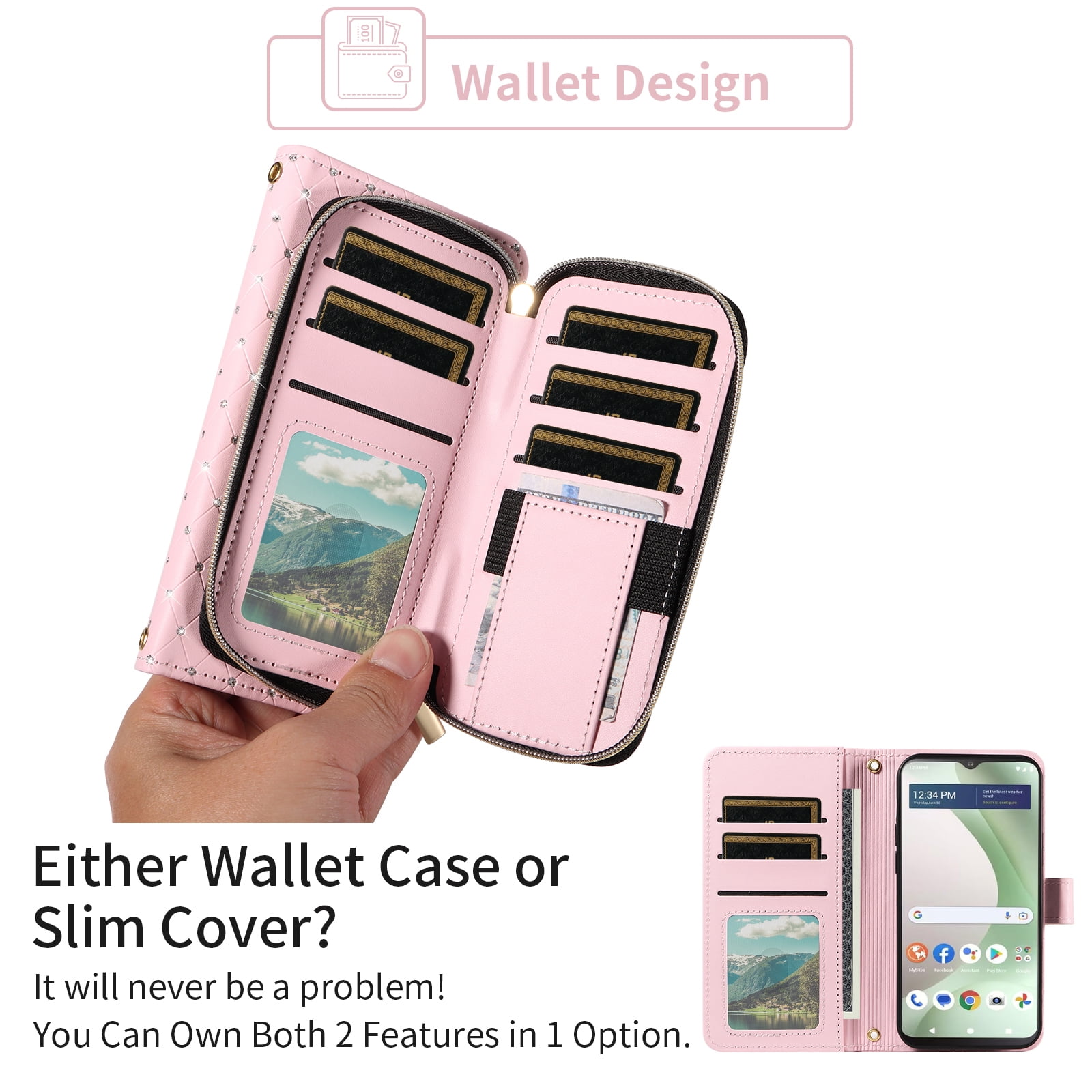 Compatible with Tracfone BLU View 5 B160V Wallet Phone Case Tempered Glass Screen Protector Bling Crossbody Lanyard Strap Flip Zipper Purse Card Holder Cell Cover for BLUE View5 160V 2024 Women Pink
