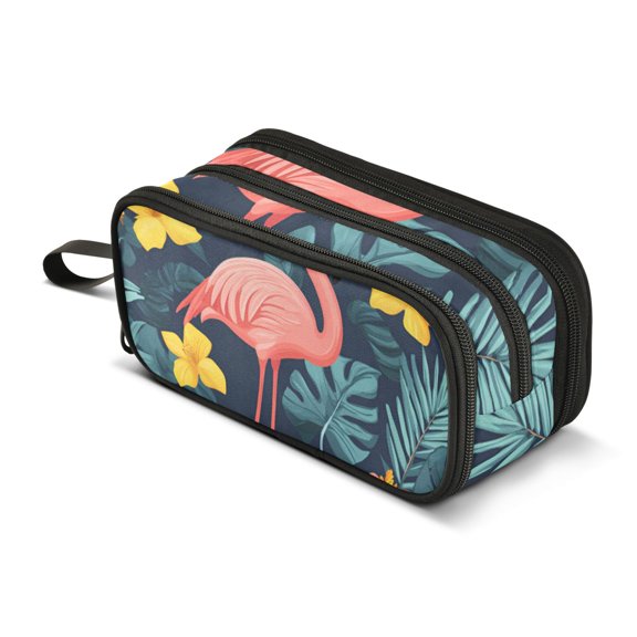FORMRS Pencil Case with 3 Compartments Zipper Pouch, Elementary School Level and up, Pink Floral Flamingo