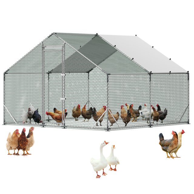 VEVOR Gallinero Metálico 3 x 3 x 2 m, Recinto Gallinero con Cubierta Impermeable y Estructura Resistente, Jaula para Aves de Corral con Techo a Dos Aguas, para Uso en Exteriores, Jardines, Granjas
