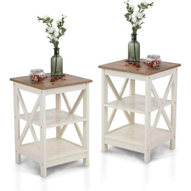 End Tables Living Room Set of 2 Farmhouse Side Tables 3-Tiers Rustic