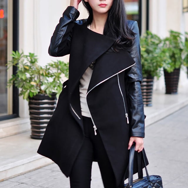 Winter Warm Women's Zipper Leather Patchwork Long Jacket Coat