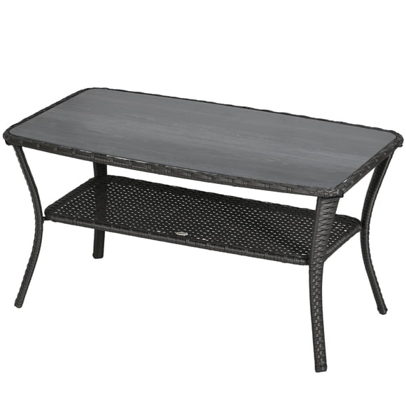 CoSoTower Outdoor Patio PE Rattan Coffee Table with Storage Shelf, Wicker Side Table with Glass Top, Black