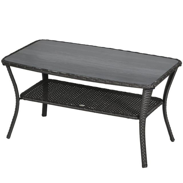 CoSoTower Outdoor Patio PE Rattan Coffee Table with Storage Shelf, Wicker Side Table with Glass Top, Black