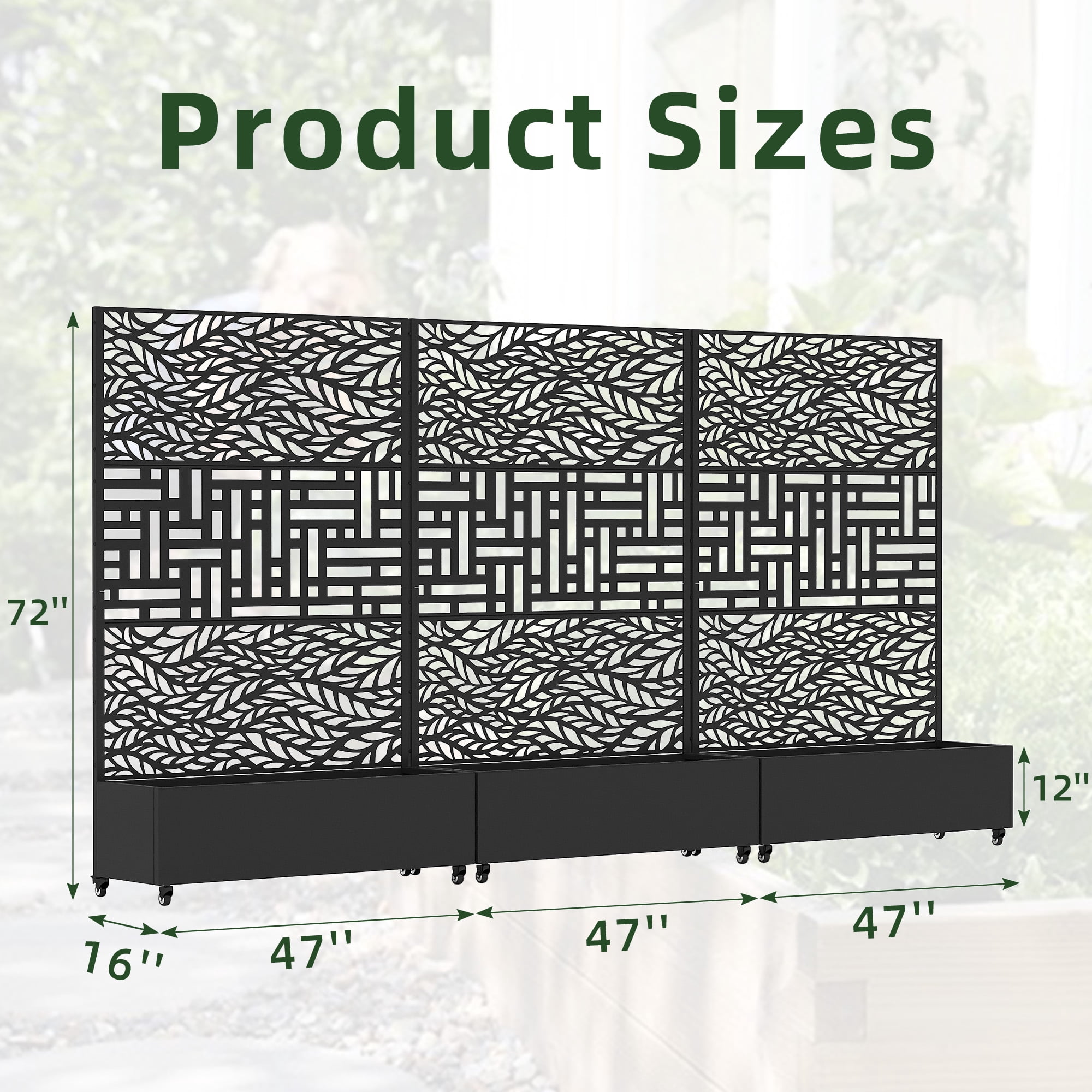 MAYEERTY 3-Set 47*16" Outdoor Black Metal Planter Box with Trellis for Climbing Plants,Leafy & Street Pattern