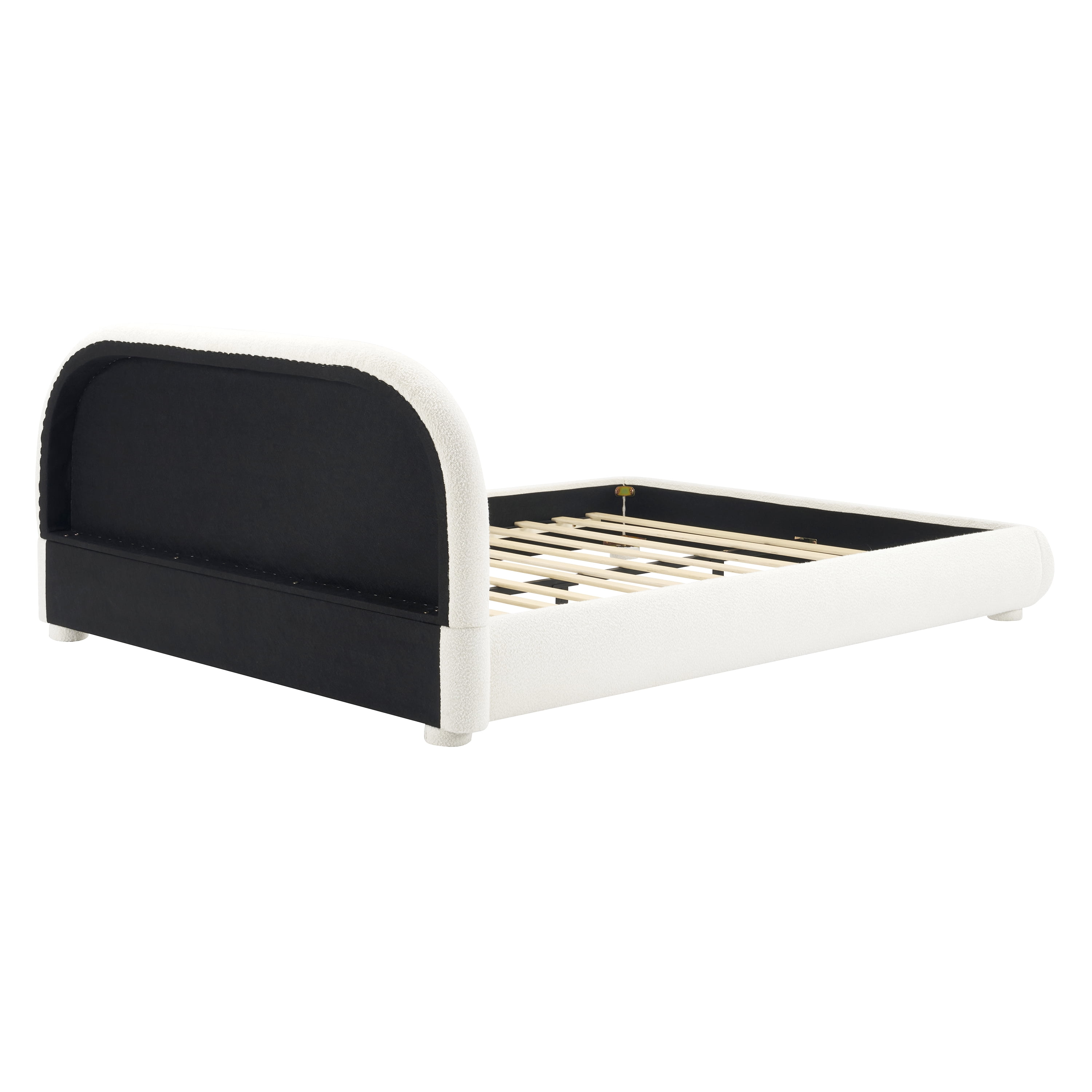 Noble House Queen Cream Style Upholstered Bed,Curved Textured Fabric Headboard with Solid Frame,Creamy White