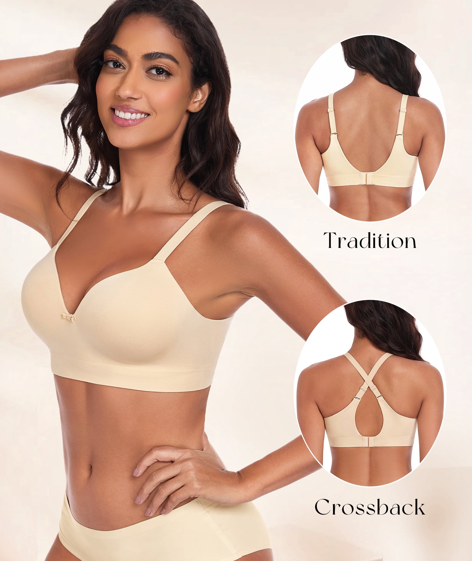Exerin Women's Wireless Bras Full Coverage Support Seamless Plus Size Bra(Beige,XXL)