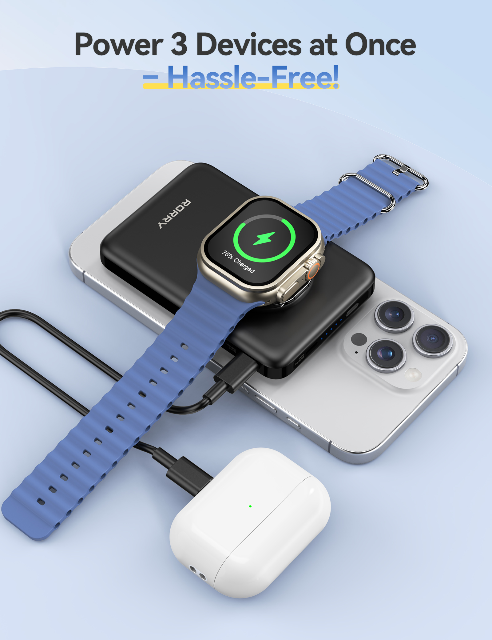 RORRY Magnetic Power Bank for iPhone & Apple Watch, 10000mAh Magsafe Portable Charger with Ring Stand, Fast Wireless Charging, for iPhone 16/15/14/13/12, Apple Watch Ultra/10/9/8/7/6, Black