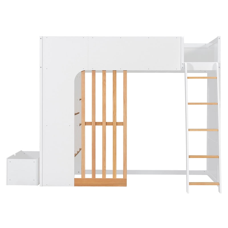 Twin Size Kids Loft Bed with Shelves, Wooden High Profile Teens Storage Bed Frame with Ladder and Removable Large Drawer