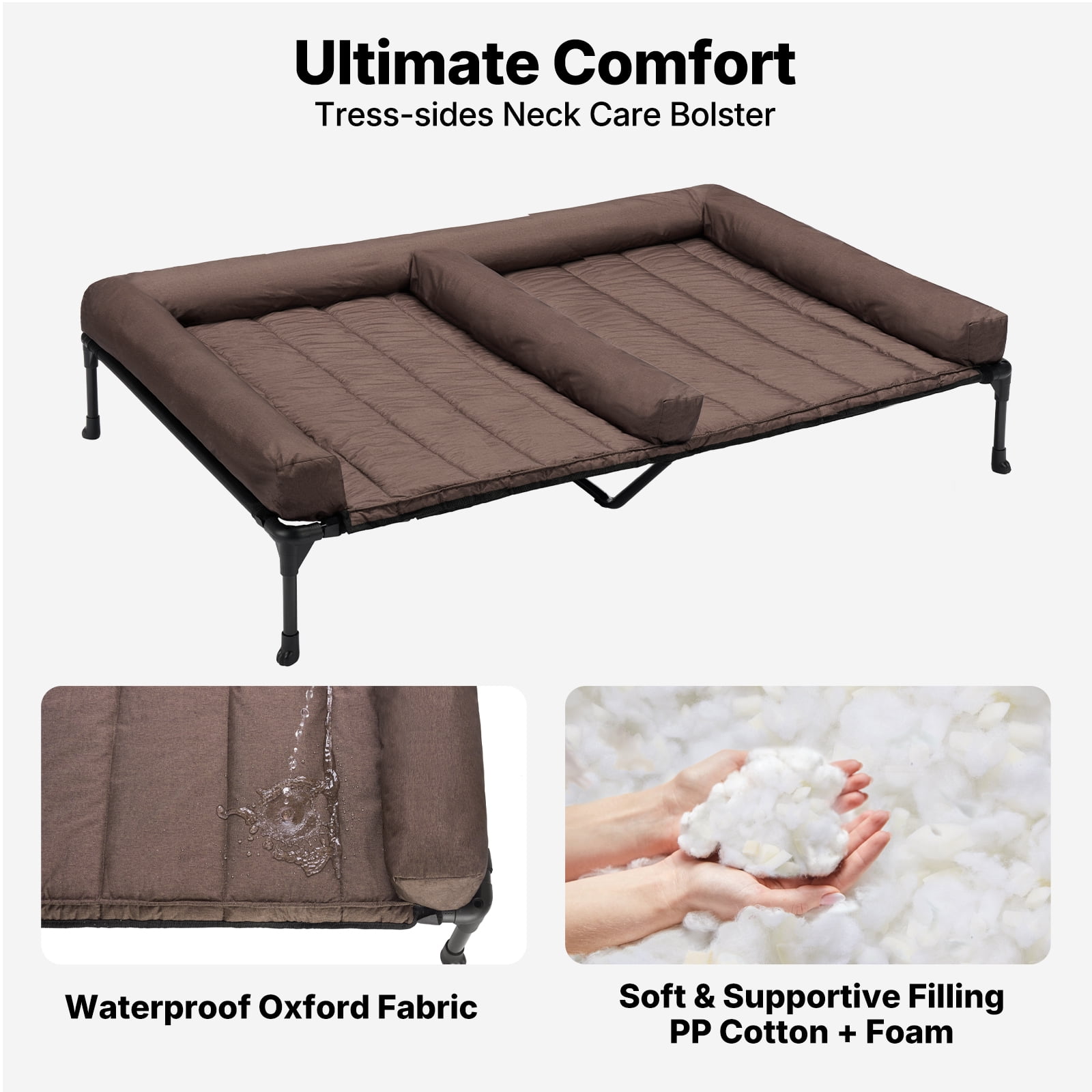 Veehoo Cooling Raised Dog Bed + Removable Double Dog Bed Cushion for Two Medium Dogs, Elevated Dog Bed with Waterproof Bolster Mat, Breathable Mesh, No-Slip Feet, Dog Couch Bed, Brown CWC2331D