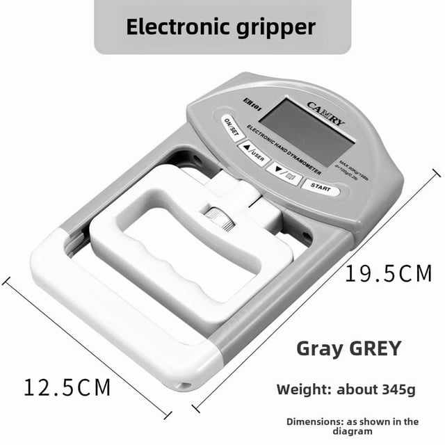 Gray Electronic Grip Dynamometer with Adjustable Grip Width – Smart Counting Grip Strength Trainer for Rehabilitation, Fitness & Examinations, Featuring Spring Loaded Resistance and Portable Design