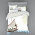 thumbnail image 2 of Retro Duvet Cover Set, Ornate Ship Floating on Classic Greek Style Ocean Waves Faded Sun, Bedding Set with Shams and Fitted Sheet, 3 Sizes, by Ambesonne, 2 of 3