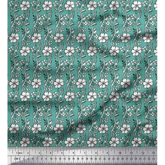 Soimoi Moss Georgette Fabric Leaves & Floral Block Print Fabric by The Yard 42 Inch Wide