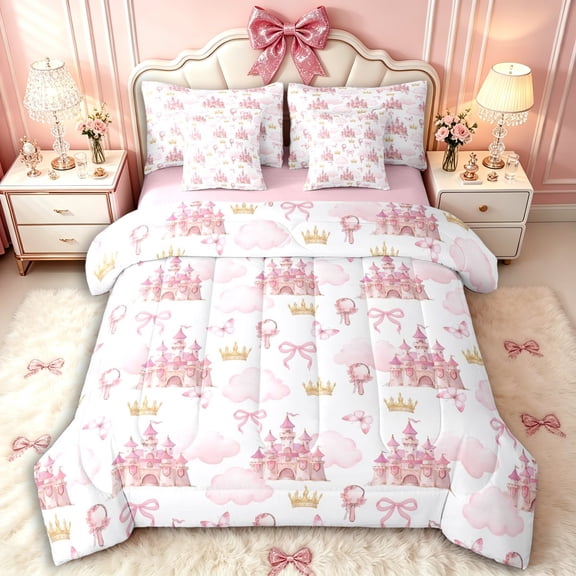 Manfei Girls Kawaii Ribbon Bow Butterflies Twin Bedding Sets 7-Piece,Kids Teens Dreamy Princess Castle Bedding Comforter Set,Pink Reversible,Ultra Soft Home Decor
