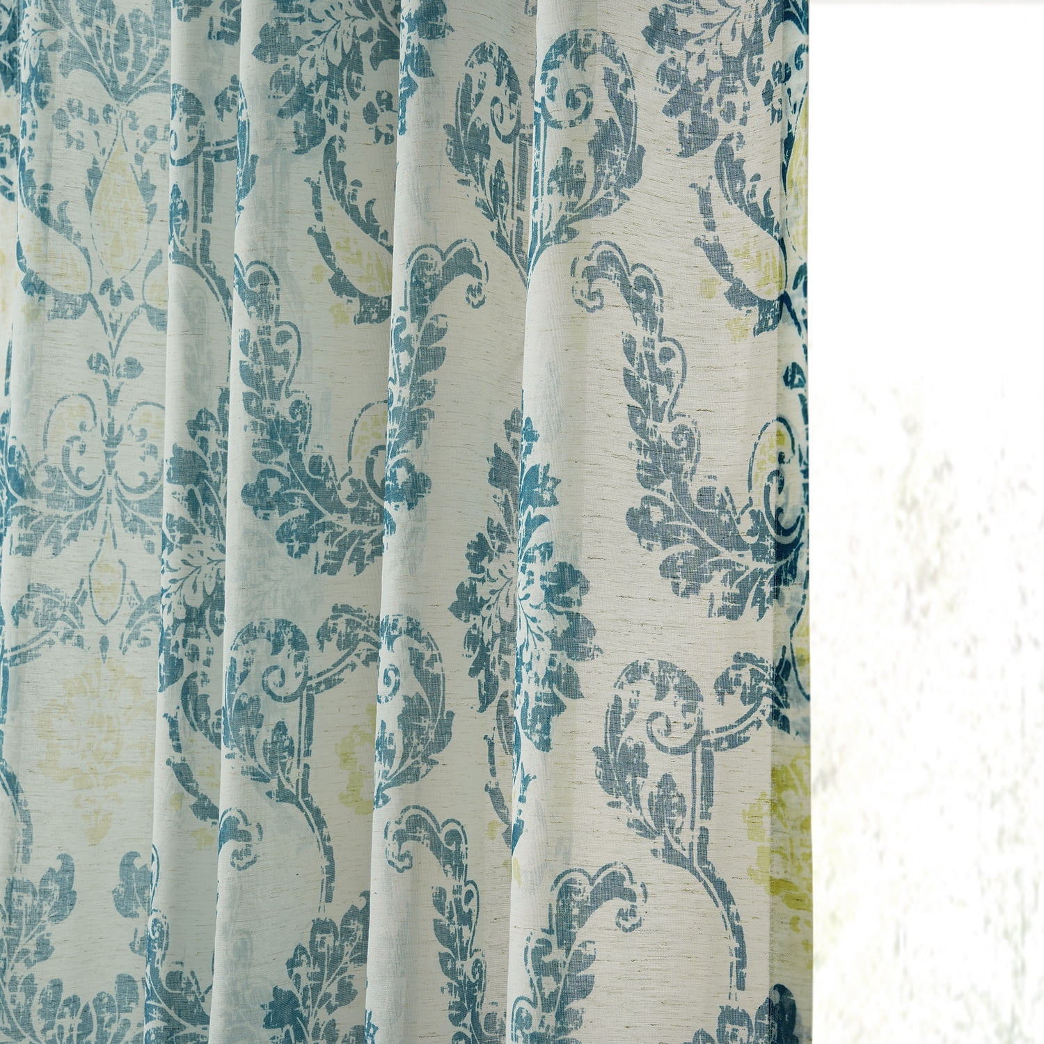Terrace Teal Printed Faux Linen Sheer Curtain (1 Panel), Terrace Teal, 50W X 108L