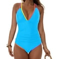 thumbnail image 2 of zaveiop Women's One Piece 2025 Tummy Control Swimsuits Neon Color Block Swimwear Deep V Neck Slimming Bathing Suit (Blue, XL), 2 of 9