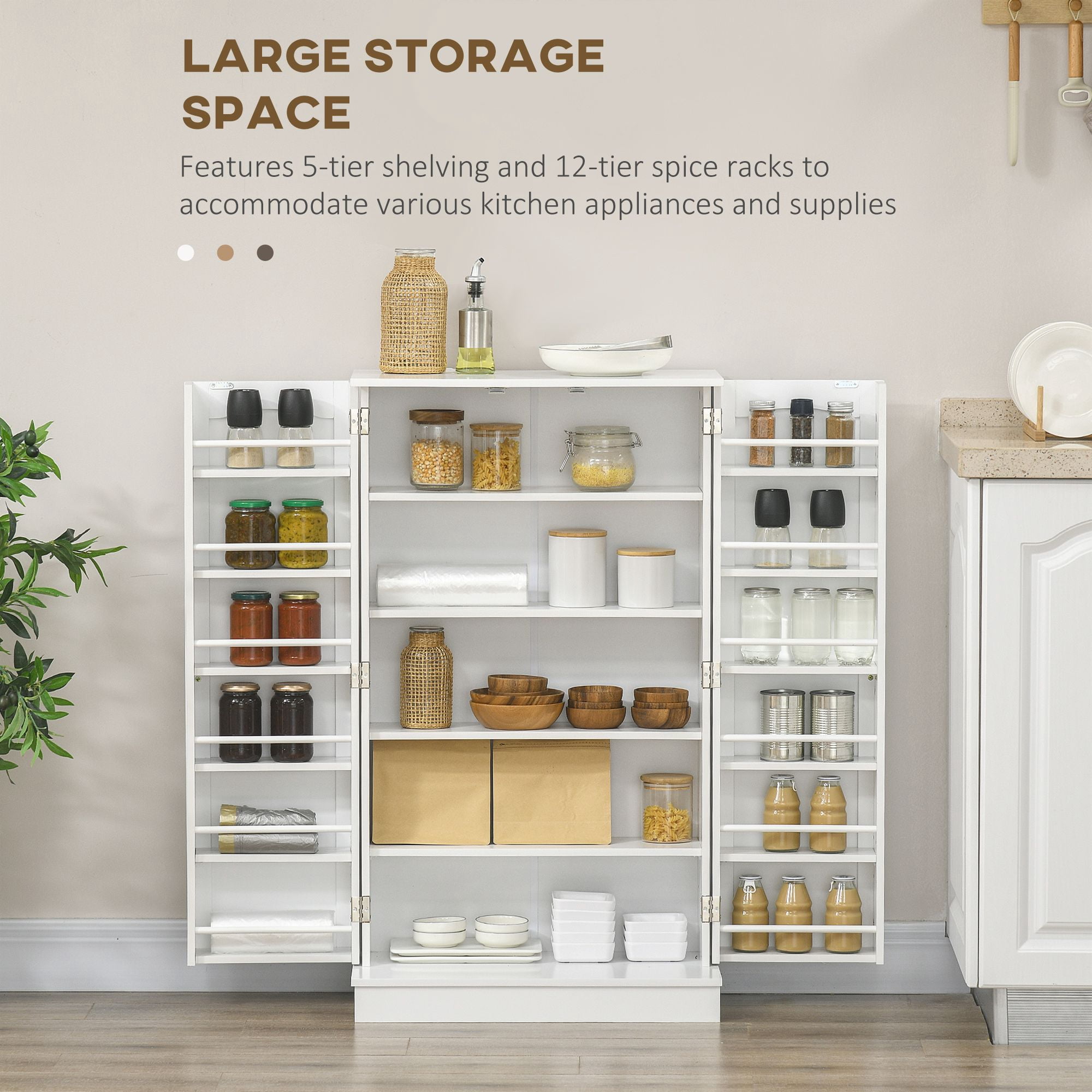 Kitchen Pantry Storage Cabinet with Adjustable Shelves & 12 Spice Racks, Freestanding Food Pantry Cupboard Anti-Tip Design MDF Organizer for Kitchen Dining Entryway White