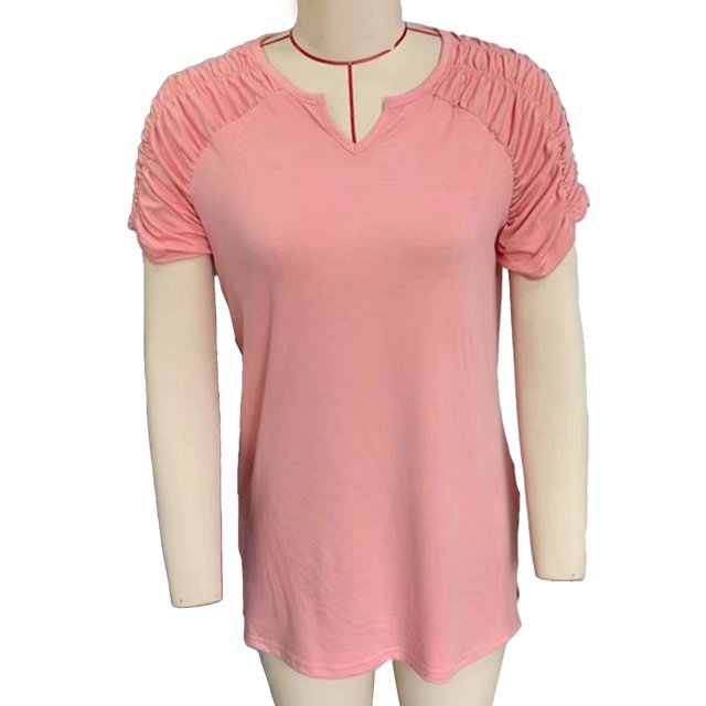 Ficarrico Mujer Cuello En V Camiseta Casual Manga Corta Plisada Fruncido Color Puro Verano Jersey Top Rosa Claro XXL