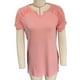 thumbnail image 1 of Camiseta con cuello en V para mujer, pantalón corto informal, manga plisada, fruncida, color puro, jersey de verano, Top rosa claro S, 1 of 3
